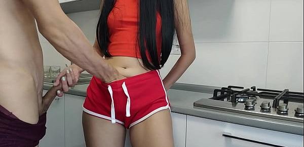 Quick morning sex with stepsister in the kitchen after a cup of coffee. Pussy full of cum